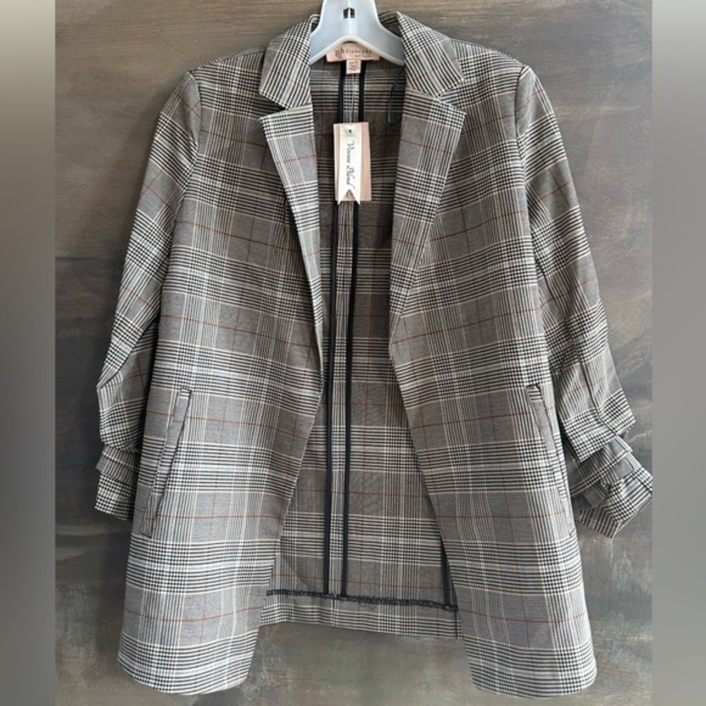 NWT Philosophy Gray Plaid Open Front Blazer